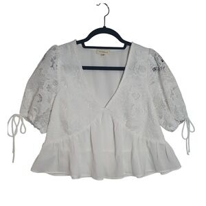 Promesa White Lace Puff Sleeve Cropped Peplum Blouse V-Neck Small Juniors Floral